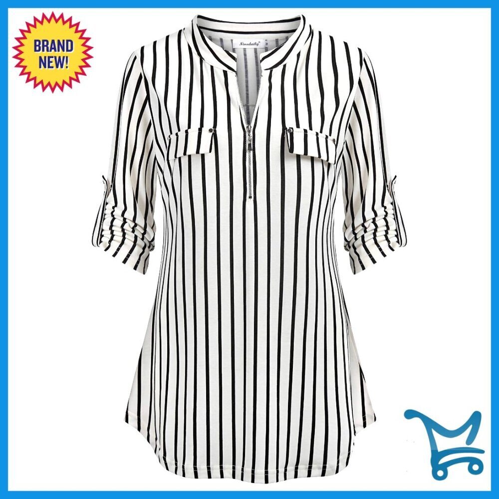 3/4 Sleeve Plaid Zip Tunic Blouse Polyester Spandex Casual Work Top
